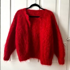 Vintage Handmade Red Wool Open Cardigan Sweater